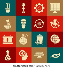 Set Leaf Eco symbol, Earth globe and leaf, Recharging, Recycle gear, LED light bulb, Electric saving plug,  and Planet earth recycling icon. Vector