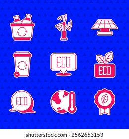 Set Leaf Eco symbol, Earth melting to global warming, Recycle bin, Solar energy panel and  icon. Vector