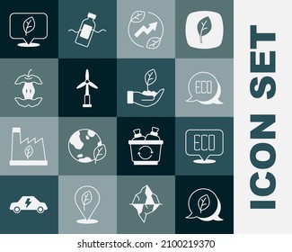 Set Leaf Eco symbol, Electric saving plug in leaf, Wind turbine, Apple core, Location with and Plant hand icon. Vector