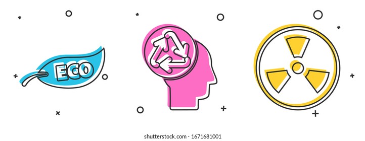Set Leaf Eco symbol, Human head with recycle and Radioactive icon. Vector