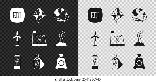 Set Leaf Eco symbol, Iceberg, Earth globe and leaf, nature battery, Tag with, Garbage bag recycle, Wind turbine and Plant recycling garbage icon. Vector