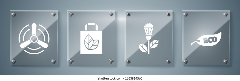 Set Leaf Eco symbol, Light bulb with leaf, Paper shopping bag with recycle and Wind turbine. Square glass panels. Vector
