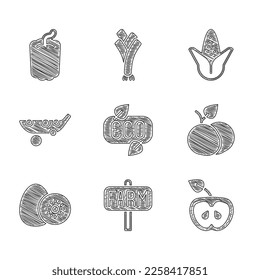 Set Leaf Eco symbol, Location farm, Apple, Mango fruit, Kiwi, Peas, Corn and Bell pepper icon. Vector