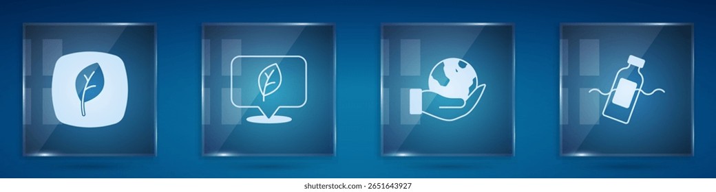 Set Leaf Eco symbol, Location with leaf, Hand holding Earth globe and The problem of pollution. Square glass panels. Vector