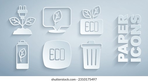 Fijar símbolo de hoja ecológica, batería de hoja natural, lata de basura, ubicación con y icono de enchufe de ahorro eléctrico. Vector