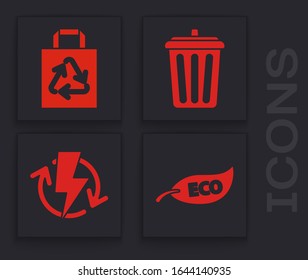 Set Leaf Eco symbol, Paper shopping bag with recycle sign, Trash can and Recharging icon. Vector