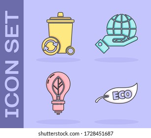 Setzen Sie Leaf Eco Symbol, Papierkorb mit Recyclingsymbol, Glühbirne mit Blatt und menschliche Hände mit dem Erdkugel Symbol. Vector