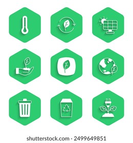 Set Leaf Eco symbol, Recycle bin, Electric saving plug leaf, Earth globe and, Trash can, Plant hand, Solar energy panel and Thermometer icon. Vector