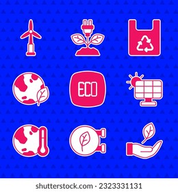 Set Leaf Eco symbol, shop, in hand, Solar energy panel, Earth melting to global warming, globe leaf, Shopping bag with recycle and Wind turbine icon. Vector