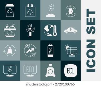 Símbolo de Set Leaf Eco, panel de energía solar, coche eléctrico, brote, turbina de viento, reciclaje y fusión de la tierra al icono del calentamiento global. Vector