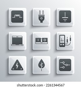 Set Leaf Eco symbol, Switch in electronic circuit, Ampere meter, multimeter, Electric light switch, High voltage, Laptop, Inductor and Electrical ground icon. Vector