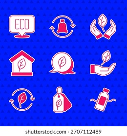 Set Leaf Eco symbol, Tag with leaf, The problem of pollution, in hand, Recycle, friendly house,  and  icon. Vector