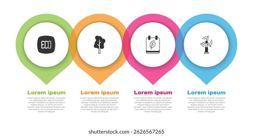 Set Leaf Eco symbol, Tree, Calendar with autumn leaves and Wind turbine. Business infographic template. Vector