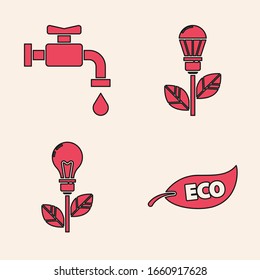 Fijar el símbolo Eco de hoja, Tapón de agua, Bombilla con hoja y bombilla con icono de hoja. Vector