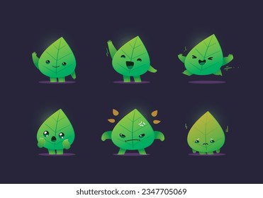 set of leaf element character mascot funny and cute