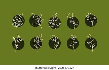 Set of leaf elements illustration. Leaves elements illustration. Collections of leaf element isolated on green background.