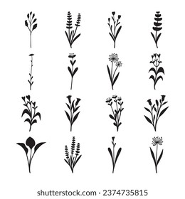 Set of leaf and flower silhouette