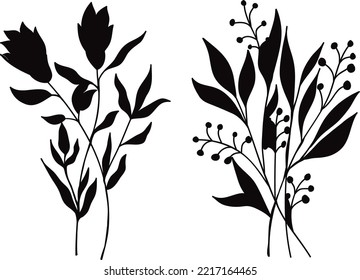 Set of Leaf and Flowers isolated vector Silhouettes