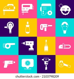 Set Leaf garden blower, Chainsaw, Angle grinder, Power electric generator, Screwdriver, Electric jigsaw and drill machine icon. Vector