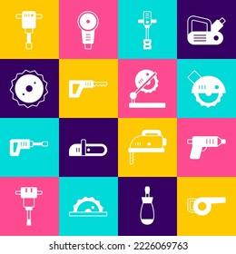 Poner el soplador de jardín de hojas, destornillador inalámbrico eléctrico, sierra circular, mezclador de hormigón de mano eléctrica, reciprocating, cuchilla circular, martillo de construcción y icono de mesa para trabajos de madera. Vector