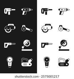 Set Leaf garden blower, Electric circular saw, drill machine, cordless screwdriver, Reciprocating, Table for woodwork, planer tool and Angle grinder icon. Vector