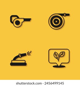 Set Leaf garden blower, Garden hose and  icon with long shadow. Vector