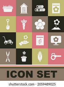 Set Leaf garden blower, Location with flower, Flower, Wooden logs, Carrot, Shovel, Fresh grass in rectangular and  icon. Vector