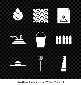 Set Leaf, Garden fence wooden, A pack full of seeds of specific plant, Worker hat, pitchfork, saw, hose fire hose and Bucket icon. Vector