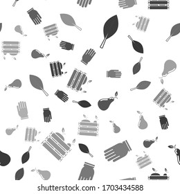 Colocar hojas, guantes de jardín, caja de pera y madera para frutas y verduras en un patrón sin fisuras. Vector
