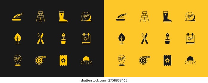 Set Leaf, Garden hose, Flower in pot, Pack full of seeds, Gardening scissors, Waterproof rubber boot,  and Wooden staircase icon. Vector