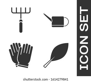 Set Leaf, Garden rake, Garden gloves and Watering can icon. Vector