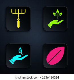 Set Leaf, Garden rake, Sprout in hand of environmental protection and Plant in hand of environmental protection. Black square button. Vector