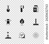Set Leaf, Garden rake, Sun, Tree, Pack full of seeds, Shovel, Wooden axe and Automatic irrigation sprinklers icon. Vector