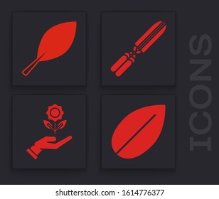 Set Leaf, Leaf, Gardening handmade scissors for trimming and Hand holding flower icon. Vector
