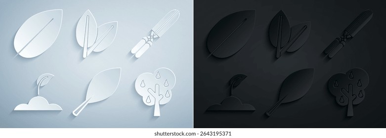 Set Leaf, Gardening handmade scissors for trimming, Sprout, Tree with pears, Leafs and  icon. Vector