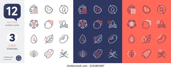 Set of Leaf, Grow plant and Bacteria line icons. Include Eco organic, Organic tested, Refill water icons. Beans, Acorn, Flood insurance web elements. No alcohol, Pecan nut, Bio shopping. Vector