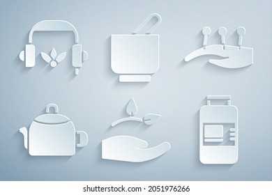 Set Leaf in hand, Acupuncture therapy, Kettle with handle, Collagen serum, Mortar pestle and Headphones for meditation icon. Vector