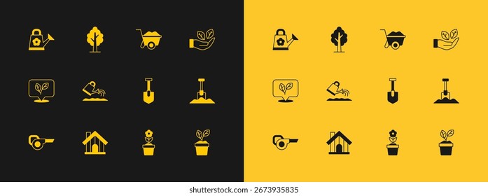 Legen Sie Blatt in der Hand, Bauernhaus, Schaufel, Blumentopf, Gießkanne, Schubkarre und Baum-Symbol. Vektorgrafik