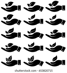 set of leaf in hand icon. vector illustration