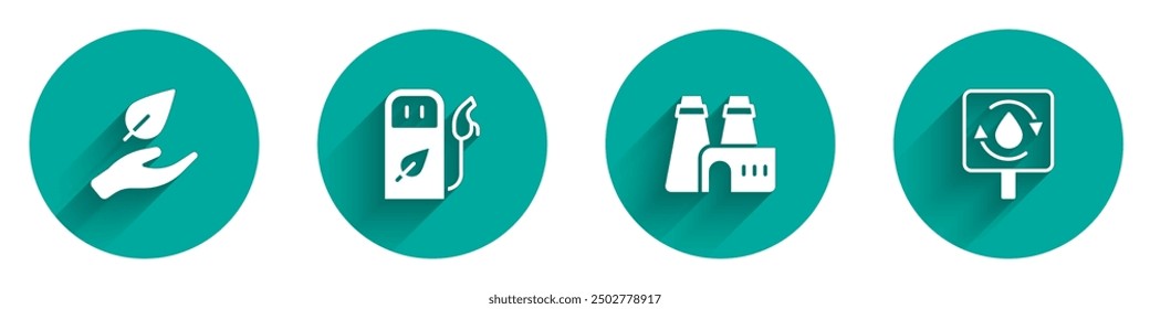 Set Hoja en mano, gasolinera o gasolinera, producción de fábrica y reciclaje icono de agua limpia con sombra larga. Vector