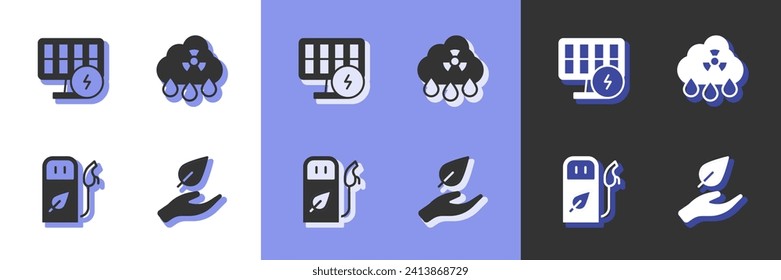 Set Leaf in hand, Solar energy panel, Petrol or gas station and Acid rain radioactive cloud icon. Vector