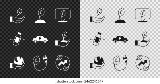 Set Leaf in hand, Sprout, Location with leaf, Hand holding Earth globe, Electric saving plug, The problem of pollution and car icon. Vector