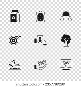 Set Leaf in hand, Tree, Water tap, Sunrise, Pack full of seeds, Colorado beetle and Garden hose icon. Vector