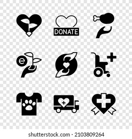 Set Leaf in heart, Donation and charity, food, Animal volunteer, Humanitarian truck, Heart with cross, hand and Pleasant relationship icon. Vector