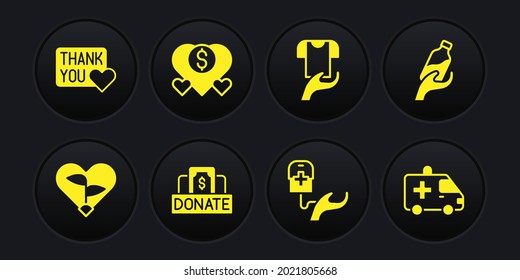 Set Leaf in heart, Donation water, and charity, Blood donation, Clothes, Ambulance car and Thank you with icon. Vector