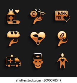 Set Leaf In Heart, Male Doctor, Volunteer, Donation And Charity, Ambulance Car, Food, Thank You With And Medicine Bottle Pills Icon. Vector