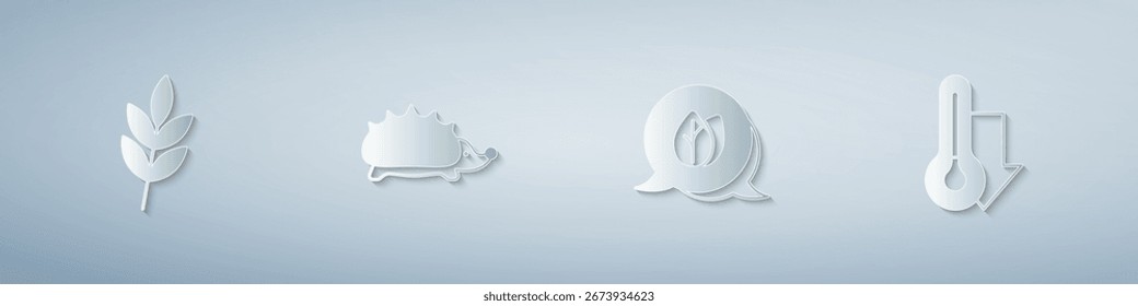 Set Leaf, Hedgehog,  and Thermometer. Paper art style. Vector