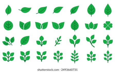 A set of leaf icons is an ecological element of nature, green leaves, the environment and an ecological sign of nature. Leaves on a white background