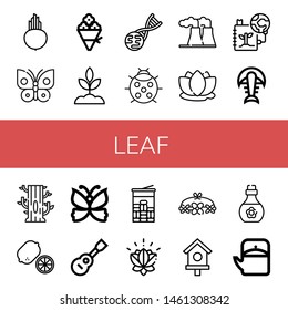 Set of leaf icons such as Beet, Butterfly, Flower bouquet, Sprout, Gmo, Ladybug, Power plant, Lotus, Save the planet, Fossil, Tree, Lemon, Viola, Mint, Flower crown, Bird house , leaf