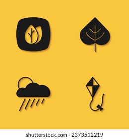 Set Leaf, Kite, Cloud with rain and sun and  icon with long shadow. Vector